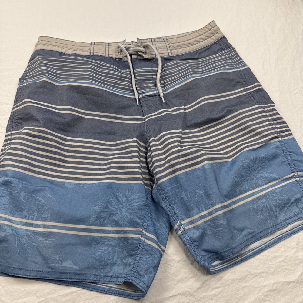 Roundtree & Yorke Mens 32 Board Shorts Blue GRAY STRIPS Swim DRAWSTRING POCKET